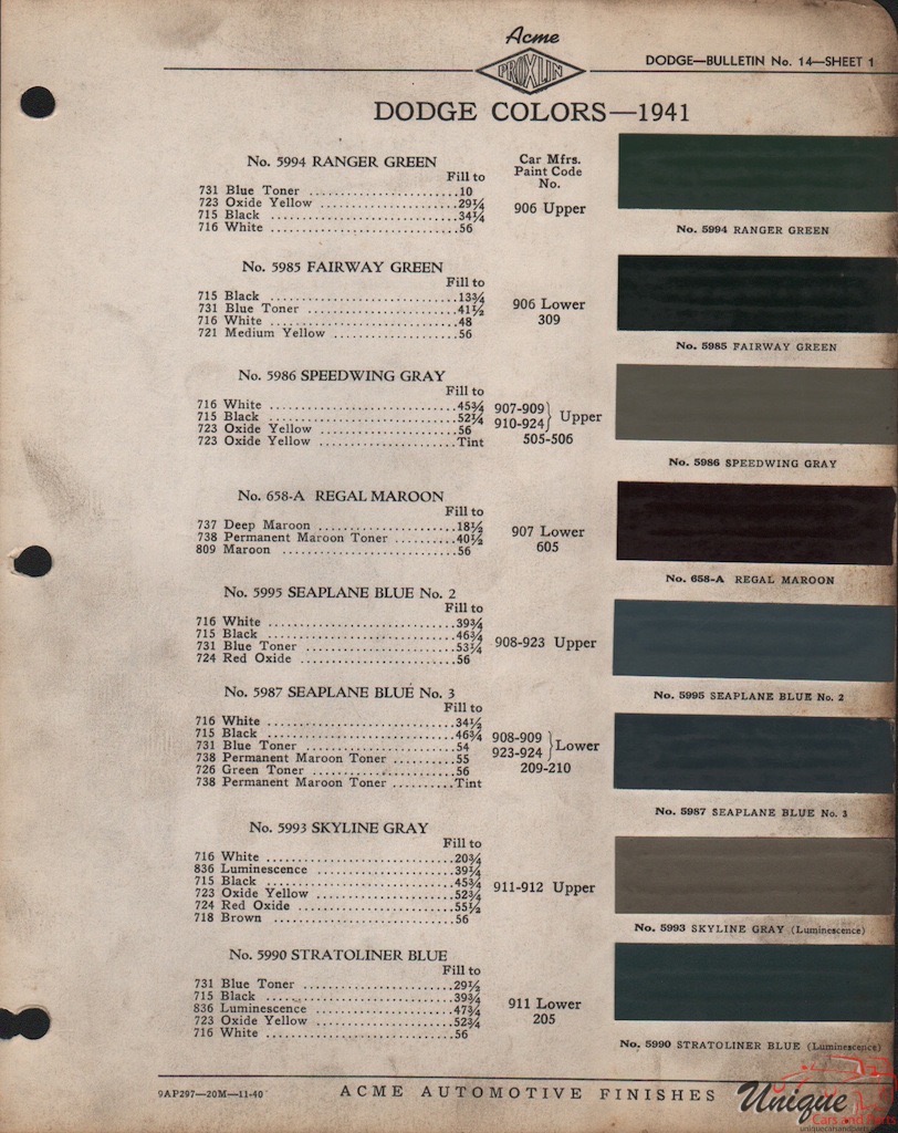 1941 Dodge Paint Charts Acme 1